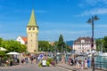 Panorama of embankment with Mangturm Tower at Lake Constance or Bodensee, Lindau, Germany