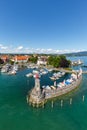 Lindau with marina town at lake Constance Bodensee portrait format yachts travel traveling from above in Germany