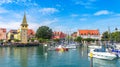 Lindau town in Bavaria, Germany. Panorama of harbor at Lake Constance Bodensee in summer