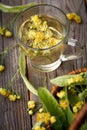 Linden flowers in a glass cup of tea on a wooden table Royalty Free Stock Photo
