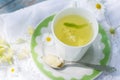 Linden flowers tea in a white cup on a white with green ornament plate with spoon with honey on a blue wooden background and white