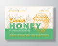 Linden Honey Label Template. Abstract Vector Packaging Design Layout. Modern Typography Banner with Hand Drawn Jar and