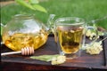 Linden tea in a glass teapot and a cup on a wooden tray in the garden in summer, healthy herbal tea Royalty Free Stock Photo