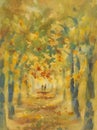 The linden tree alley in autumn watercolor background
