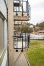 Newly installed railings supported by orange straps.. Royalty Free Stock Photo