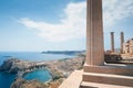 Lindos Acropolis. Greece. 05/29/2018. Ancient clifftop ruins. Remains of a Doric Temple of Athena Lindia, dating from about 300 BC