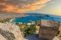 Lindos Beach from the height of the Acropolis of Lindos. Rhodes, Greece Royalty Free Stock Photo