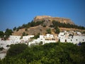 Greece. Rhodes. Acropolis of Lindos. Doric columns of ancient Temple of Athena Lindia the IV century BC and the bay of. Royalty Free Stock Photo