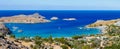 Lindos, with its ancient acropolis, ruins fortress and closed ba Royalty Free Stock Photo