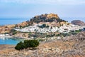 Lindos town cityscape and Lindos castle, Rhodes island, Greece