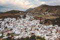 Lindos town in Greece aerial view white houses in Rhodes island cityscape viewpoint traditional greek architecture famous landmark Royalty Free Stock Photo