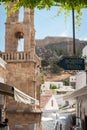 Lindos Town. Greek Island of Rhodes. Tower of Church of Panagia, Our Lady Church. Europe