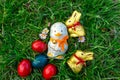 Lindt swiss golden milk chocolate bunny with red collar bell and a chocolate duck hidden in the grass Traditional chocolate on