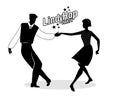 Lindy Hop Party. Young hipster couple dancing swing. Cartoon sty