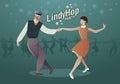 Lindy Hop Party. Young hipster couple dancing swing. Cartoon sty