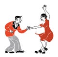 Dancing seniors. Happy old people have fun. Active pensioners.Retro red color.Couple silhouettes dancing swing, rock