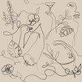 Simple line art seamless pattern wallpaper woman female print face flowers abstract ornament decoration