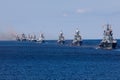 A line ahead of modern russian military naval battleships warships in the row, northern fleet and baltic sea fleet, summer sunny