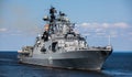 A line ahead of modern russian military naval battleships warships in the row, northern fleet and baltic sea fleet, summer sunny