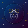 Line Alarm clock icon isolated on blue background. Wake up, get up concept. Time sign. Colorful outline concept. Vector Royalty Free Stock Photo