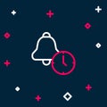 Line Alarm clock icon isolated on blue background. Wake up, get up concept. Time sign. Colorful outline concept. Vector Royalty Free Stock Photo