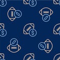 Line American football betting money icon isolated seamless pattern on blue background. Football bet bookmaker. Soccer Royalty Free Stock Photo