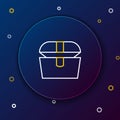 Line Antique treasure chest icon isolated on blue background. Vintage wooden chest with golden coin. Colorful outline