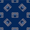 Line Antique treasure chest icon isolated seamless pattern on blue background. Vintage wooden chest with golden coin