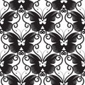 Line art abstract butterflies vector seamless pattern. Black and white monochrome ornamental background. Swirl dotted lines