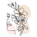 Line art, abstract illustration, girl\'s face with flowers. Black line with the addition of colored spots in pastel shades. Royalty Free Stock Photo