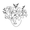 Line art, abstract portrait of a woman with flowers. Minimal design, poster, wall art vector Royalty Free Stock Photo