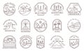 Line art adventure badges. Outline travel emblems with outdoor landscapes. Minimal mountain, island, desert and wild