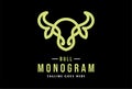 Line Art of Angus Cattle Bull Buffalo Longhorn Monogram Logo Design Vector
