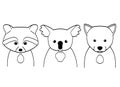 Line art animals on white background. Set of little raccoon, koala and wolf