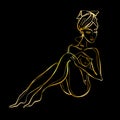 Line art. A beautiful girl is drawn with one line. Gold on black. Fitness. Vector