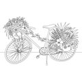 Line art of bicycle decorate with flowers for design element. Vector illustration