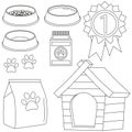 Line art black and white cat pet care icon set