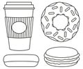 Line art black and white coffee and donut set