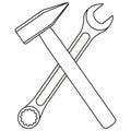 Line art black and white crossed hammer and wrench