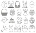 20 line art black and white easter elements set Royalty Free Stock Photo