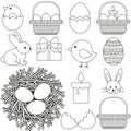 Line art black and white easter icon set 13 elements. Royalty Free Stock Photo