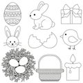 Line art black and white easter icon set 9 elements. Royalty Free Stock Photo