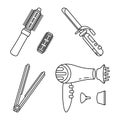 Line art black white electric hairdresser tool set