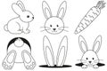 Line art black and white rabbit carrot icon set.