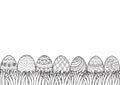 Line Art, Black And White Seamless Pattern Easter Eggs Grass For Design Element. Vector Illustration