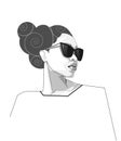 Line art, black woman - female portrait with sunglasses. Vector drawing black and white color. Images of beauty young lady face.