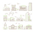 Line art buildings. Urban living houses and villa home exterior suburban vector colored icon collection