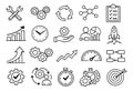 Line art business concept icon set featuring strategy, time, growth, and workflow symbols for productivity and optimization Royalty Free Stock Photo