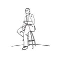 Line art businessman on the chair pointing on blank space to present something illustration vector hand drawn isolated on white