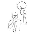 Line art businessman holding light bulb illustration vector hand drawn isolated on white background Royalty Free Stock Photo